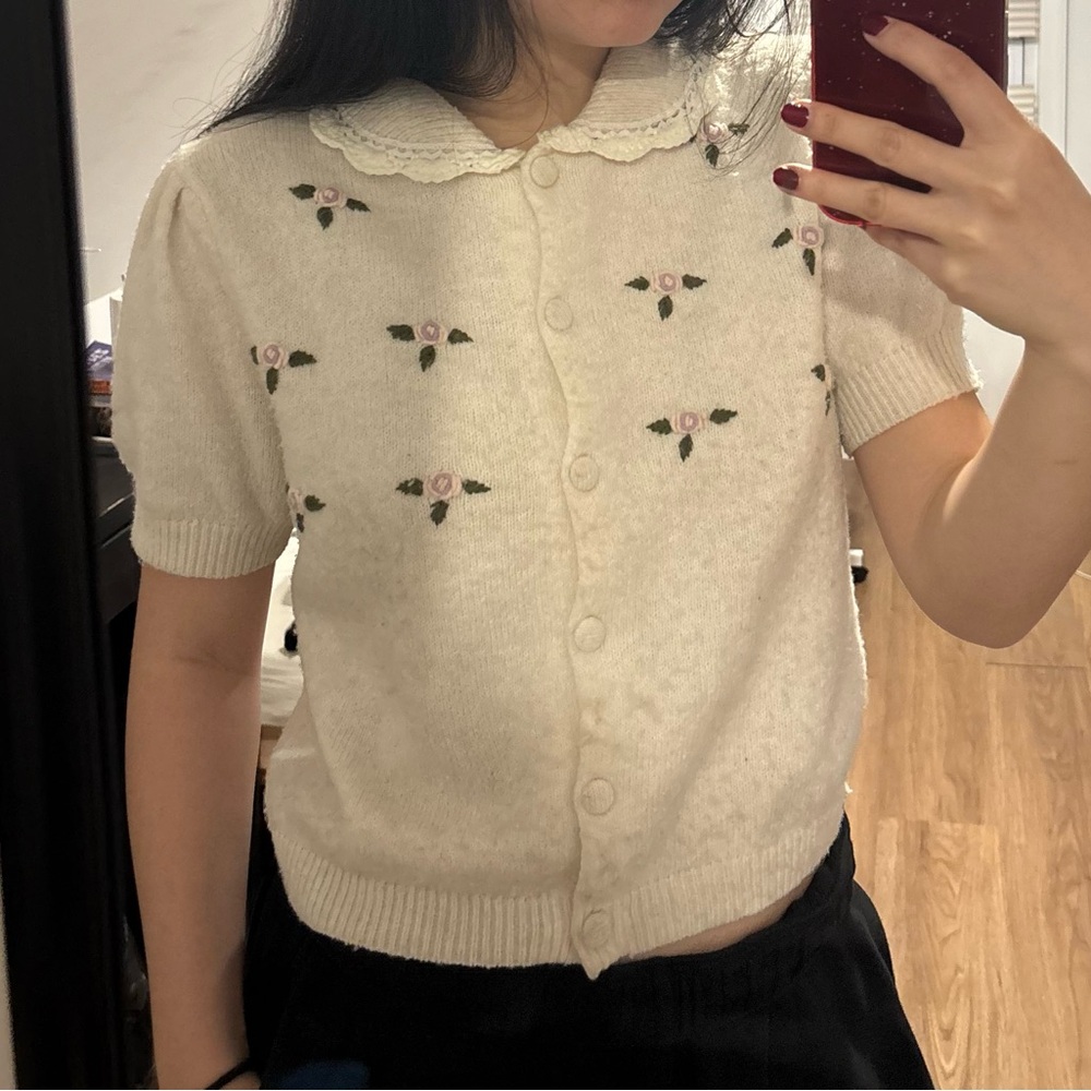 SOLD - Cream Cardigan with Floral Embroidery